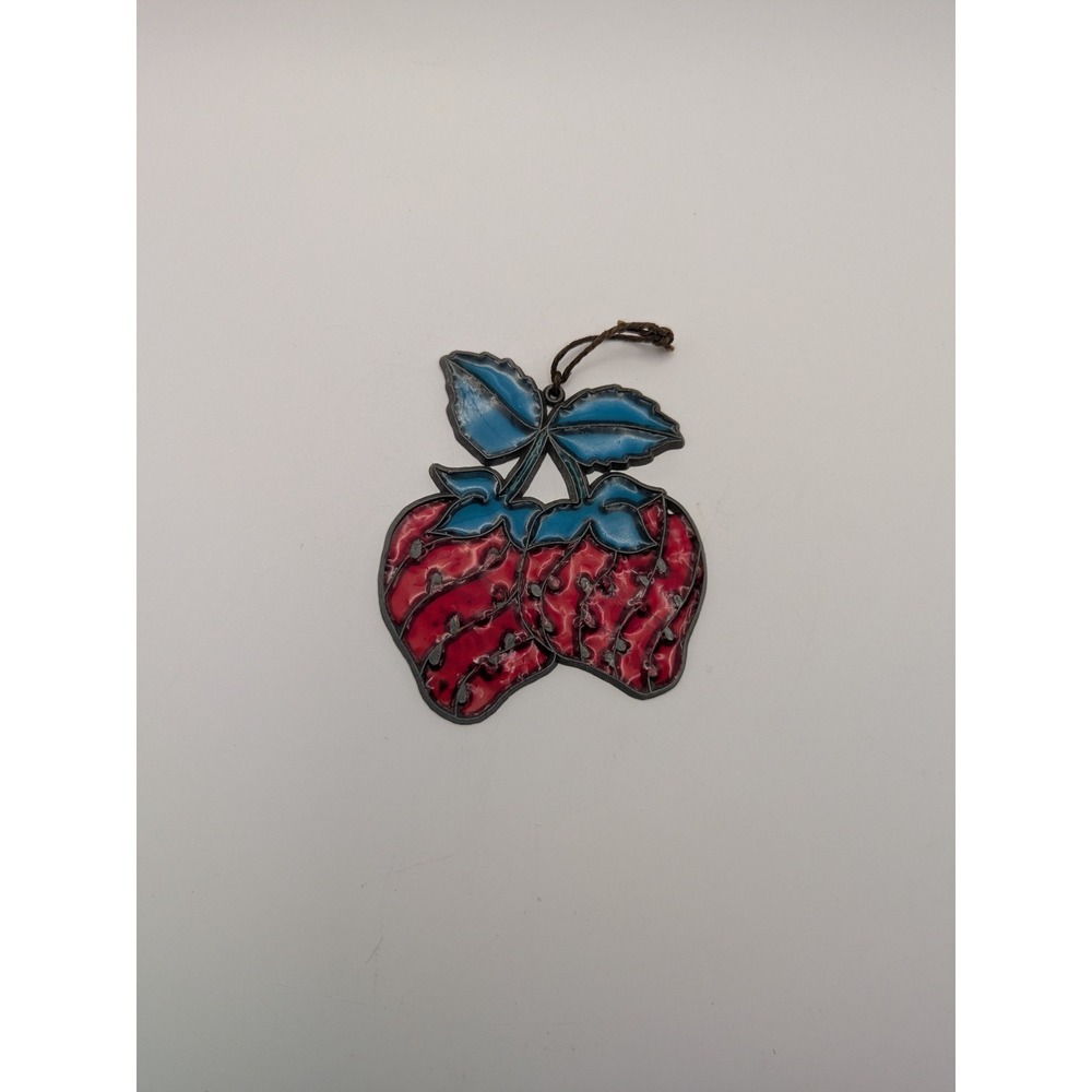 Vintage Handmade Stained Double Strawberry Ornament Blue Green Leaves 3.5x3"‎